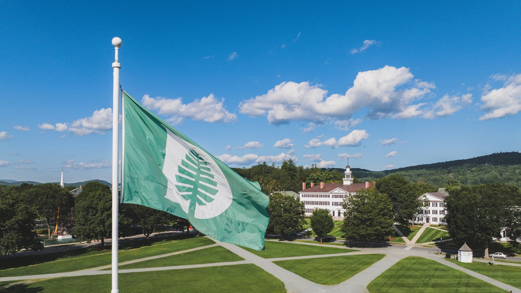 Aerial of Baker Library with Dartmouth flag