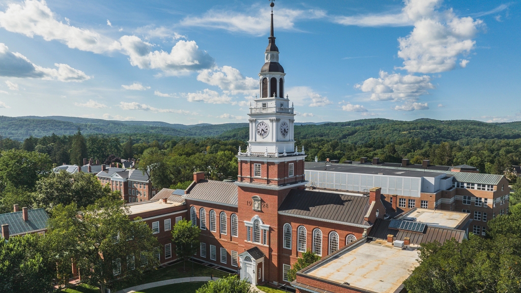 An aerial view of Baker library tower in summer